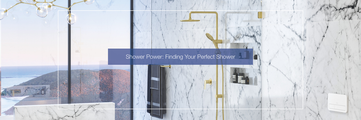 Title is Shower Power written over a golden coloured shower system
